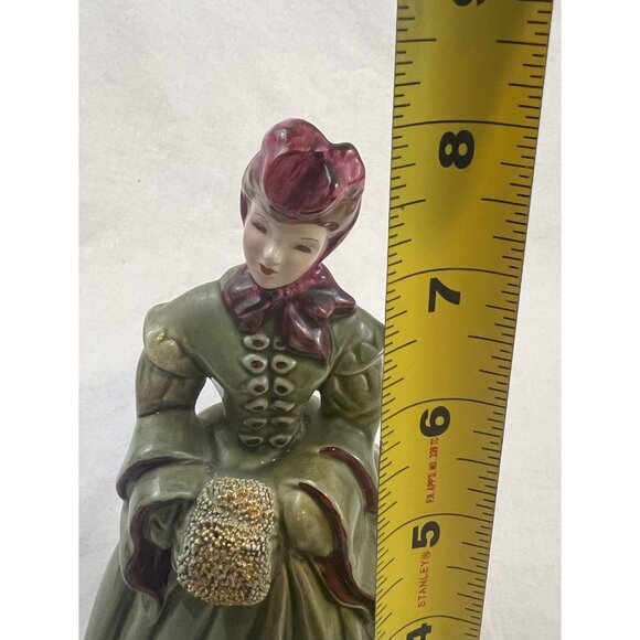 Vintage MCM Florence Pasadena Ceramics Delia Figure In Green Dress w/ Bouquet 8" - Picture 10 of 12